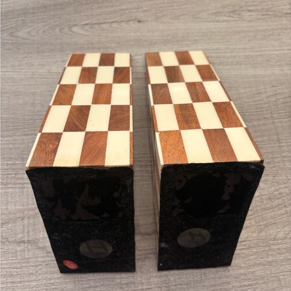 Wooden and Cream Checkered Bookends Cottagecore Wood Decor Chess - Picture 7 of 11